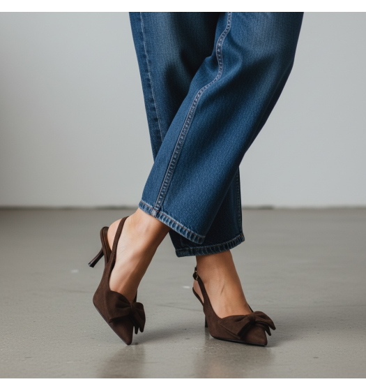 Suede Slingback Γόβες με Μεγάλο Φιόγκο - Καφέ Σοκολατί