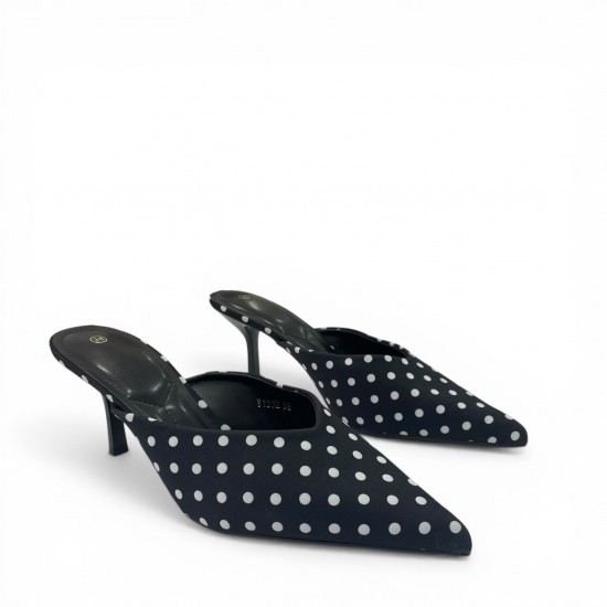 Γυναικεία Mules Μυτερά με Λεπτό Τακούνι – Μαύρο Πουά