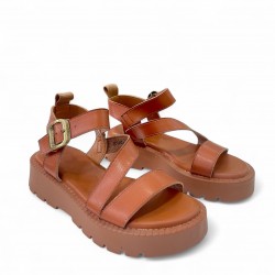 Σανδάλια Flatform με λουράκια και μπαρέτα Κάμελ
