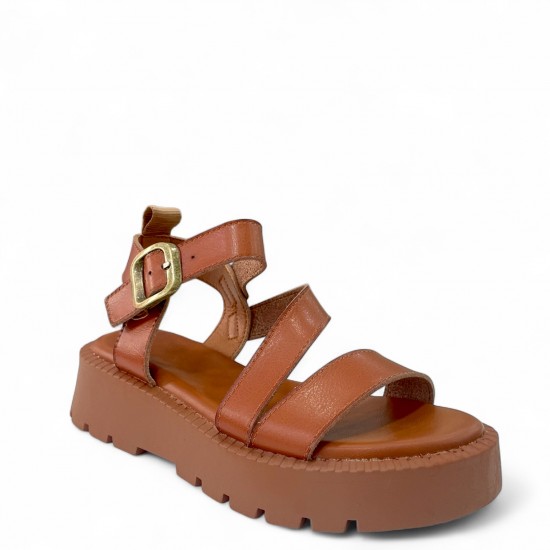 Σανδάλια Flatform με λουράκια και μπαρέτα Κάμελ