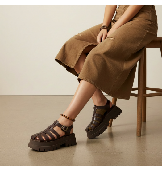 Γυναικεία Fisherman Sandals με Chunky Πλατφόρμα-Καφέ
