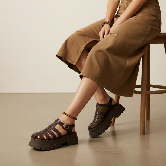 Γυναικεία Fisherman Sandals με Chunky Πλατφόρμα-Καφέ