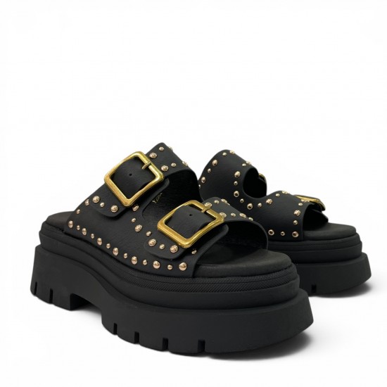 Platform Sandals με Τρουκς & Διπλή Αγκράφα-Μαύρο