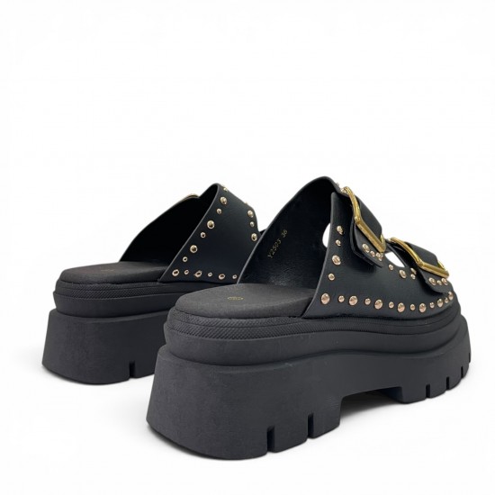 Platform Sandals με Τρουκς & Διπλή Αγκράφα-Μαύρο