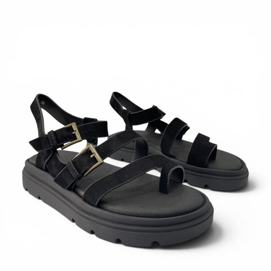 Γυναικεία Suede Σανδάλια Flatforms με Λουράκια-Μαύρο