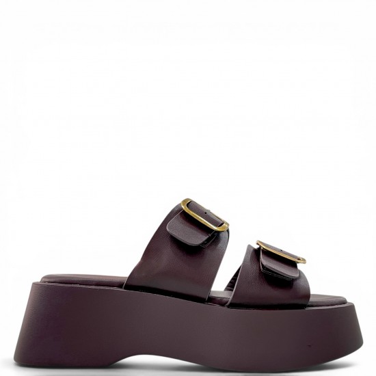  Παντόφλες Πλατφόρμα με Χρυσές Αγκράφες-Καφέ